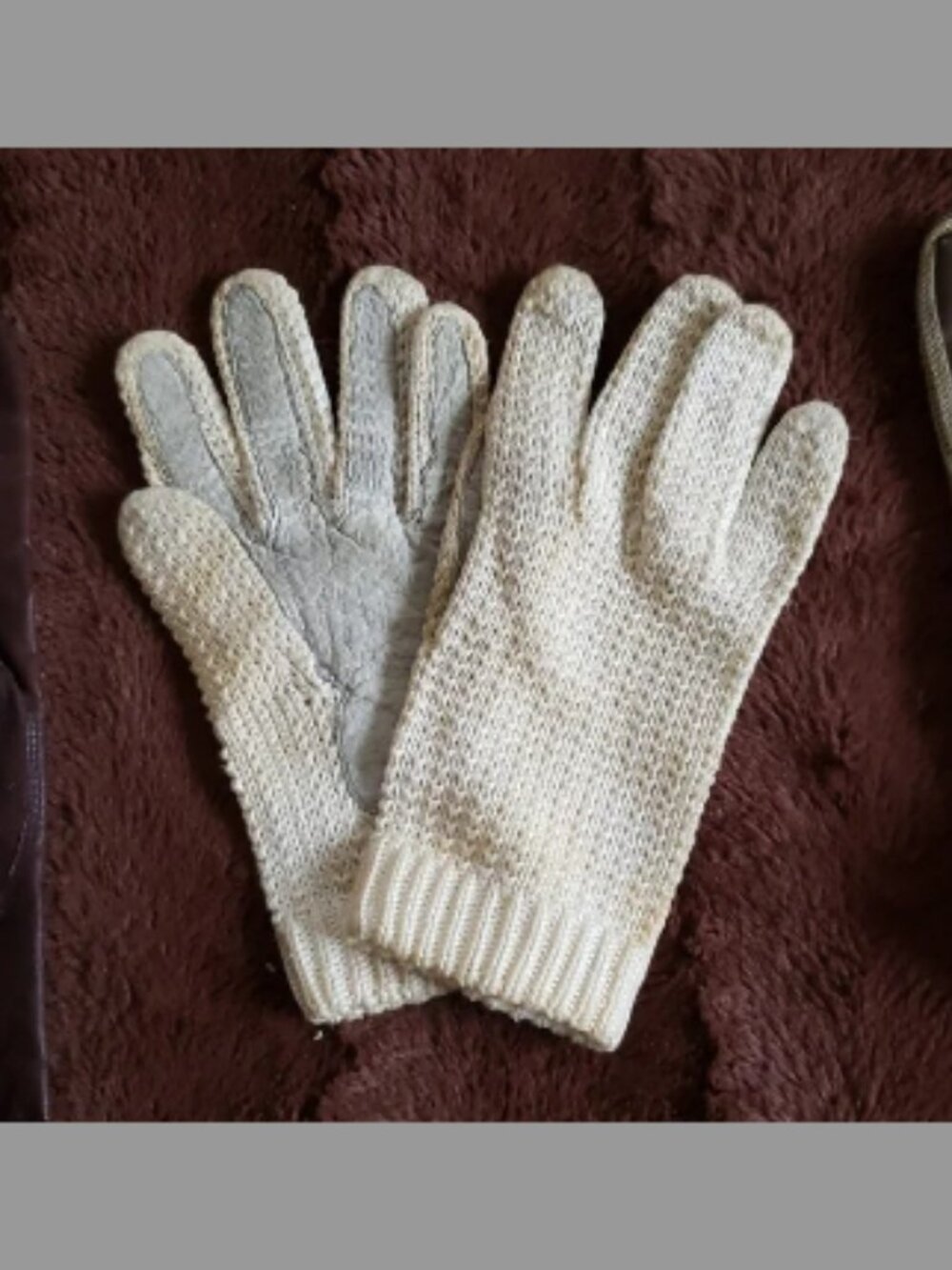 White on off-white vintage knit gloves with leather palm patches